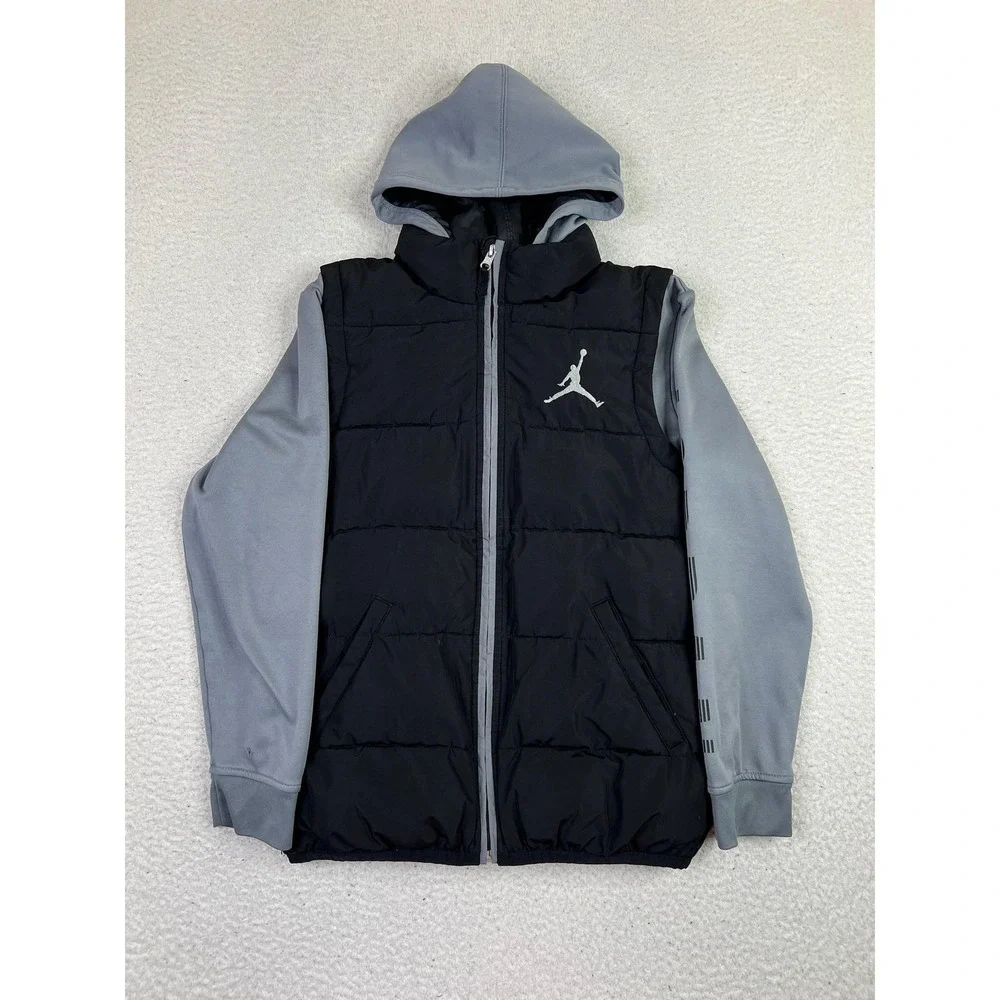 Jordan Jacket Youth Medium 10-12 Black Gray Therma-Fit Hooded‎ Puffer Jumpman